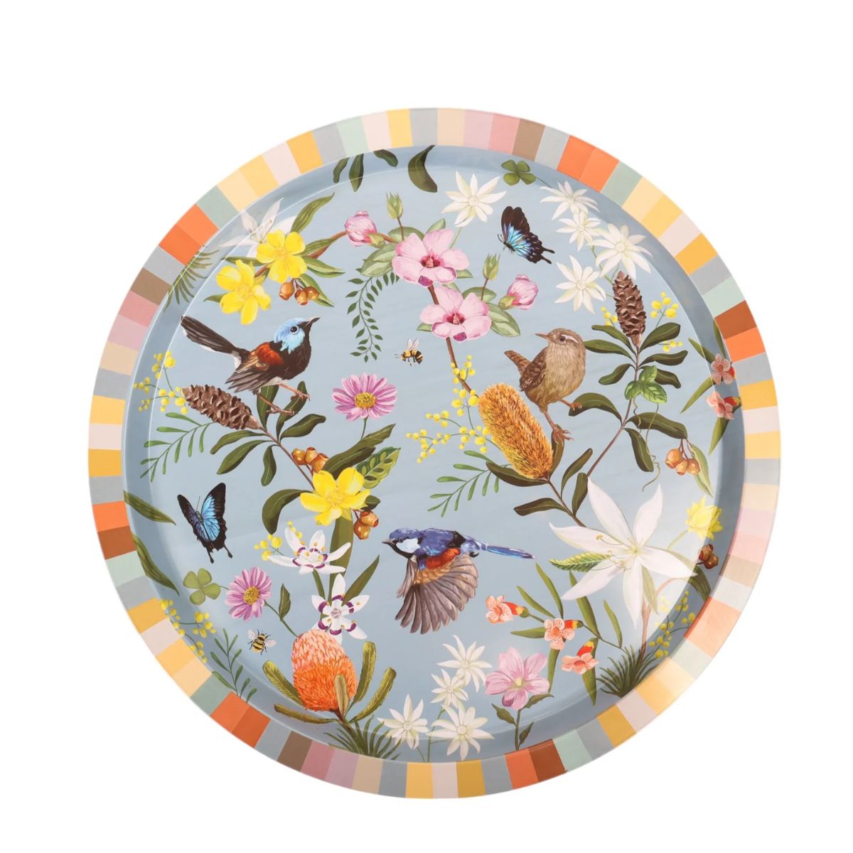 Decorative plate with floral and bird design on a white background