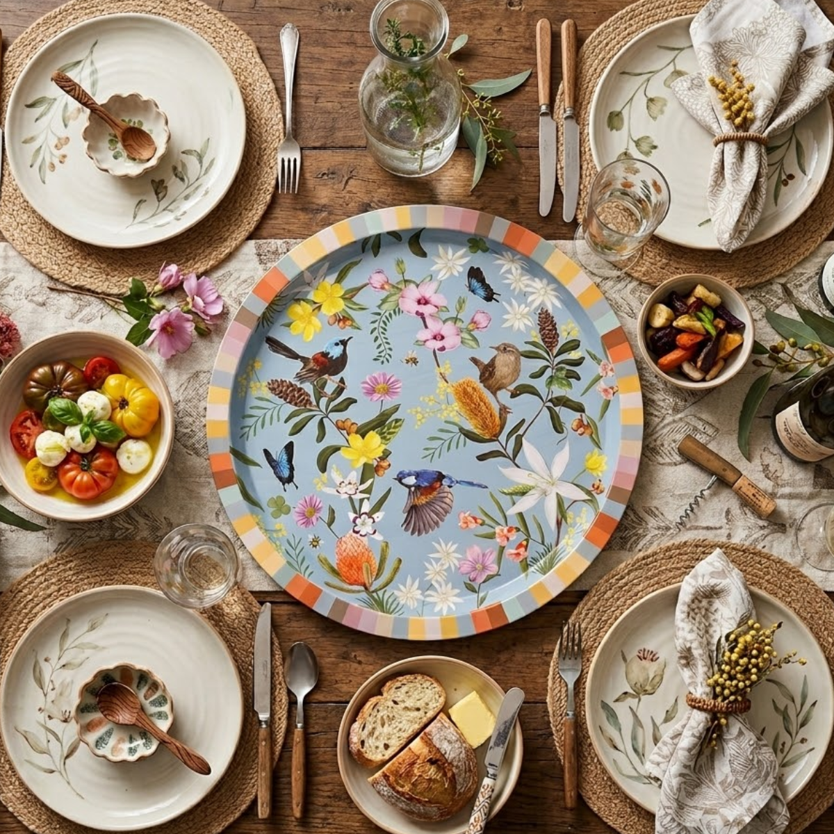 Decorative tin serving tray in the middle of a dining table with dining setting. 