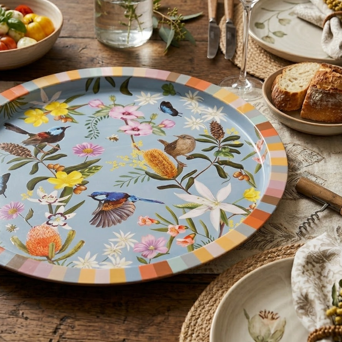 Tin decorated serving tray displayed on a dining table surrounded by a dinner set up.