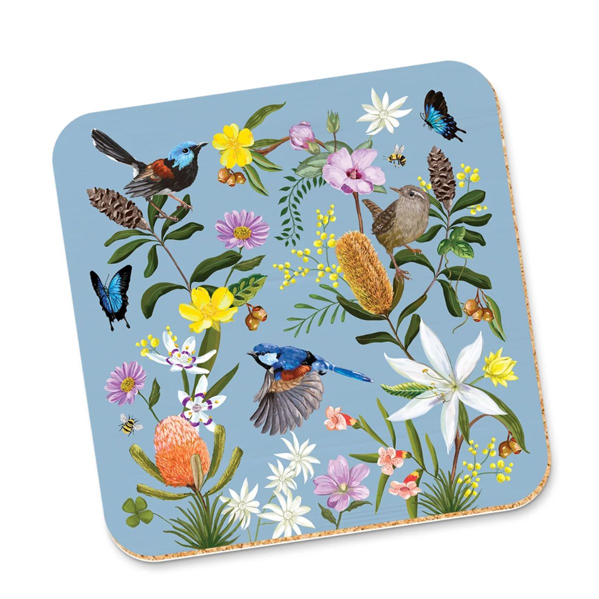 Coaster with floral and bird design on a blue background