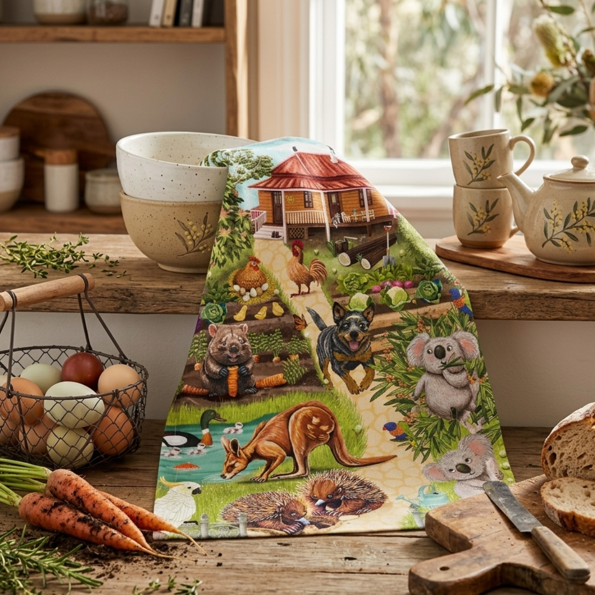 Tea towel with Australian animals and themes on a country kitchen bench. Surrounded by eggs, carrots, tea and teacups, bowls and bread. 