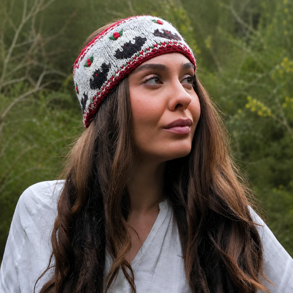 A woman wearing a white knit headband with black reindeer silhouettes and red and green holiday accents, photographed outdoors against a blurred green forest background.