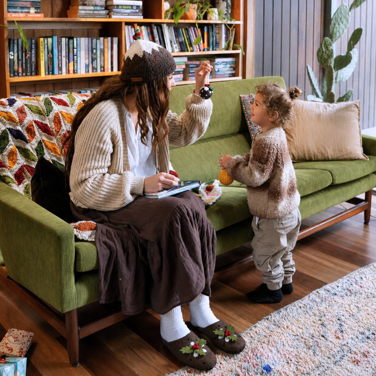 A cozy indoor scene showing a woman and a young child in matching knit autumn-themed sweaters and slippers, sitting on a green couch in a book-filled living room.
