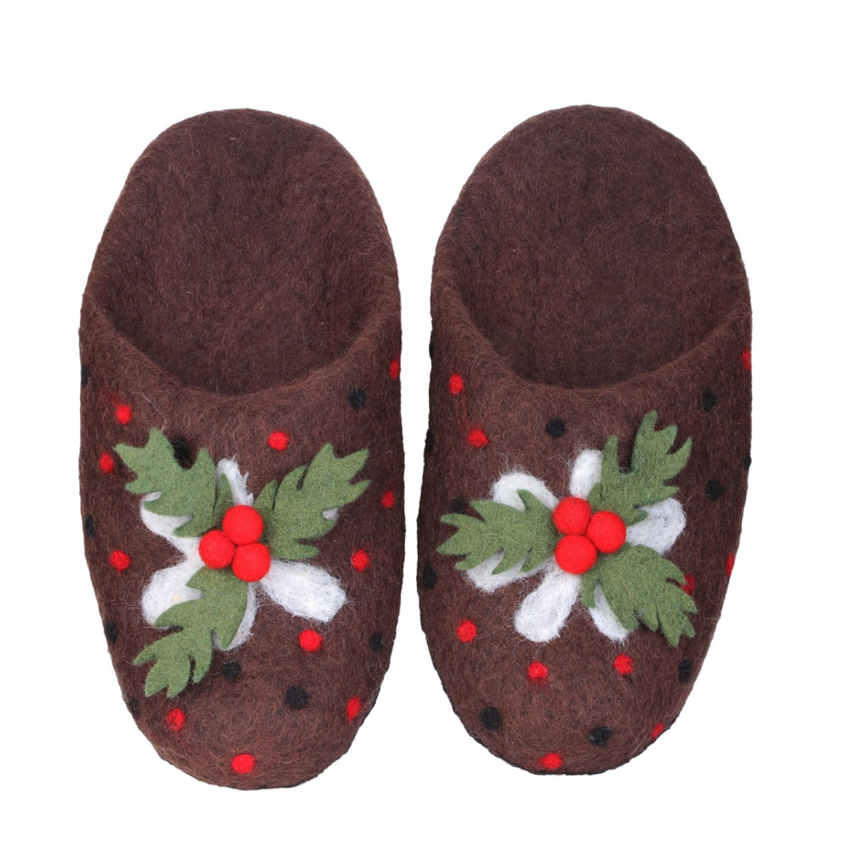 A pair of dark brown felt slip-on slippers decorated with a white flower, green holly leaves, and red berries on a plain white background.