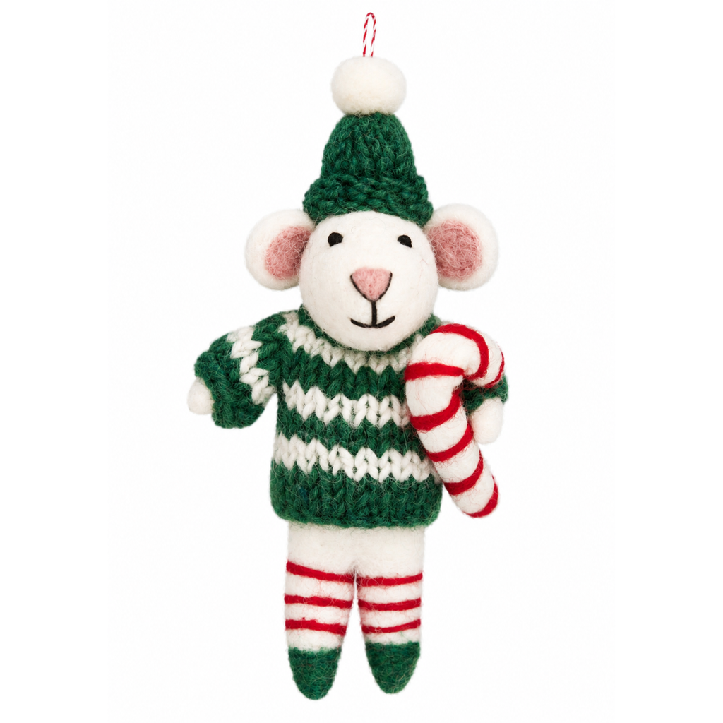 A handmade felt Christmas mouse ornament wearing a green and white knit sweater, a green hat with a white pom-pom, and holding a red and white striped candy cane, shown against a plain white background.