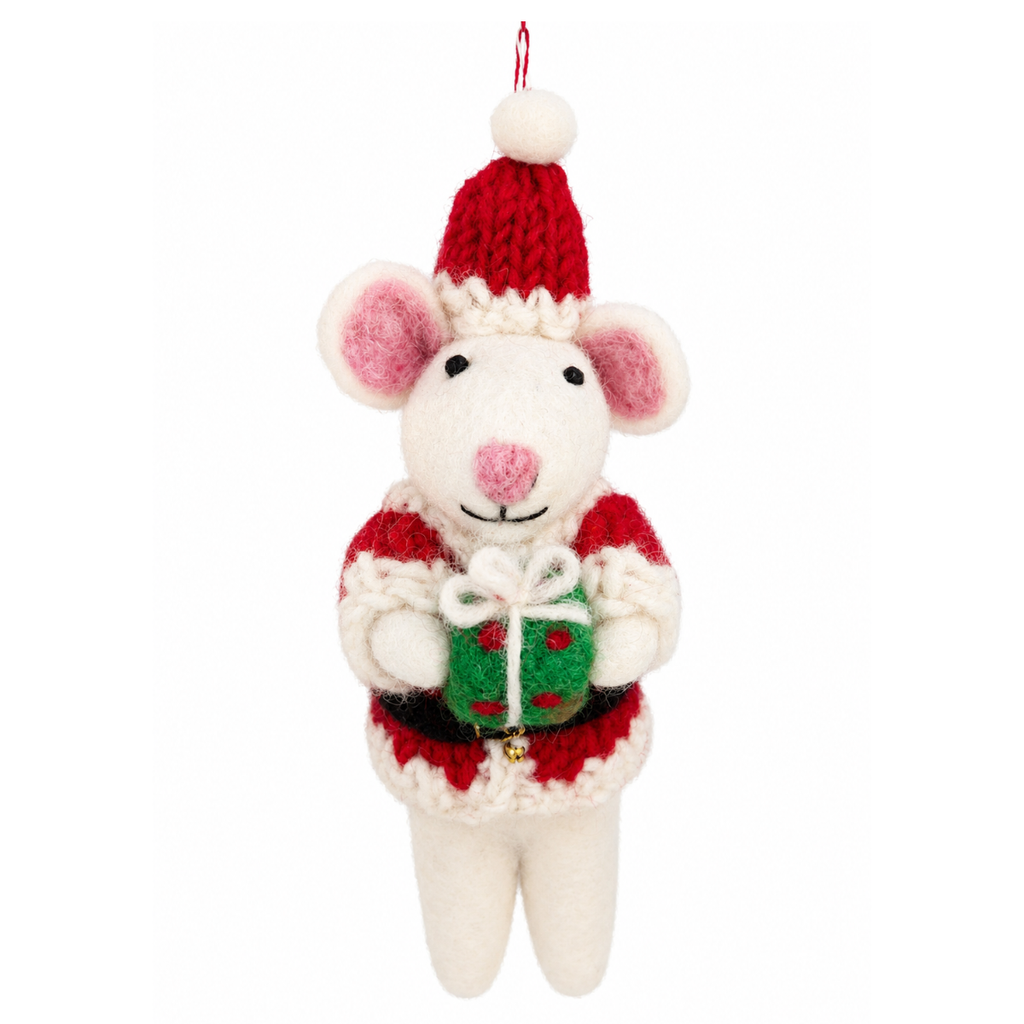 A felted wool Christmas mouse ornament wearing a red knit Santa hat and matching red-and-white sweater, holding a green gift box with a white bow, on a plain white background.