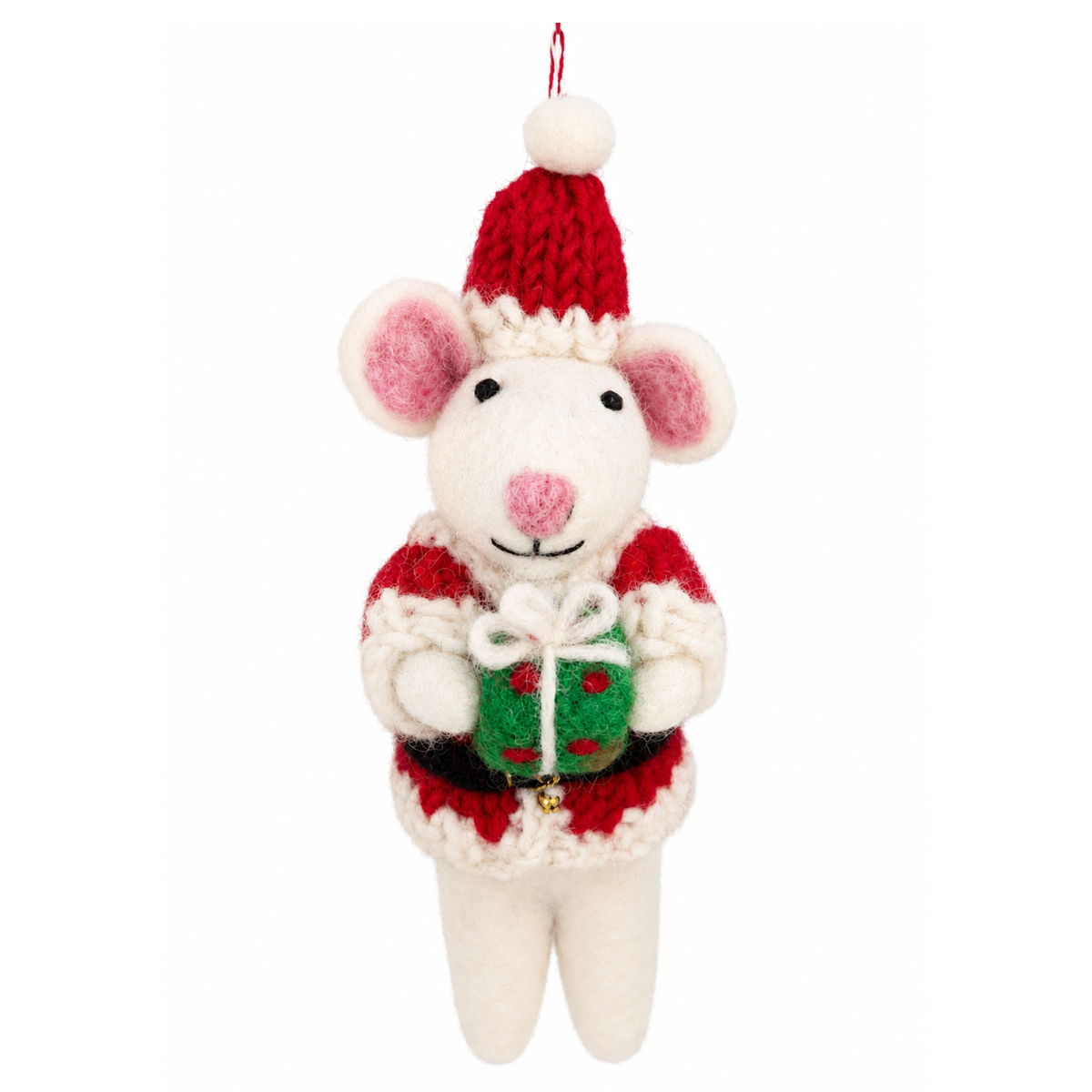 A felted wool Christmas mouse ornament wearing a red knit Santa hat and matching red-and-white sweater, holding a green gift box with a white bow, on a plain white background.