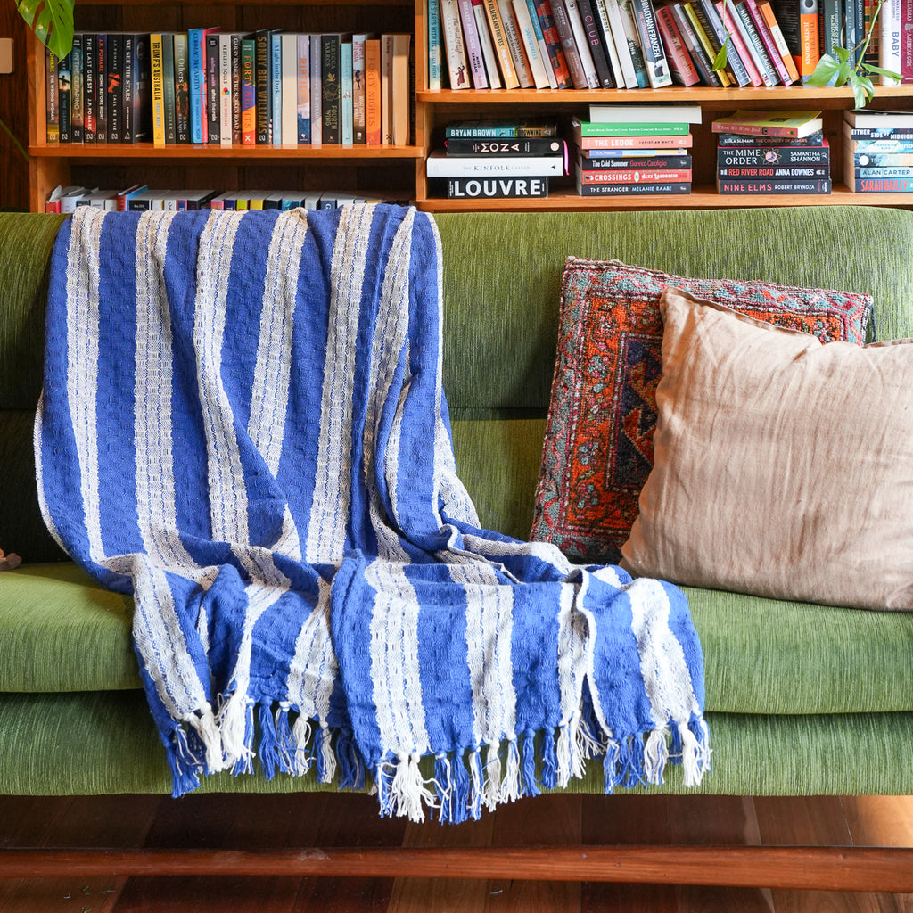 A blue and white striped fringed throw blanket is draped over a green sofa in a cozy living room setting, with patterned and beige pillows and a wooden bookshelf in the background.