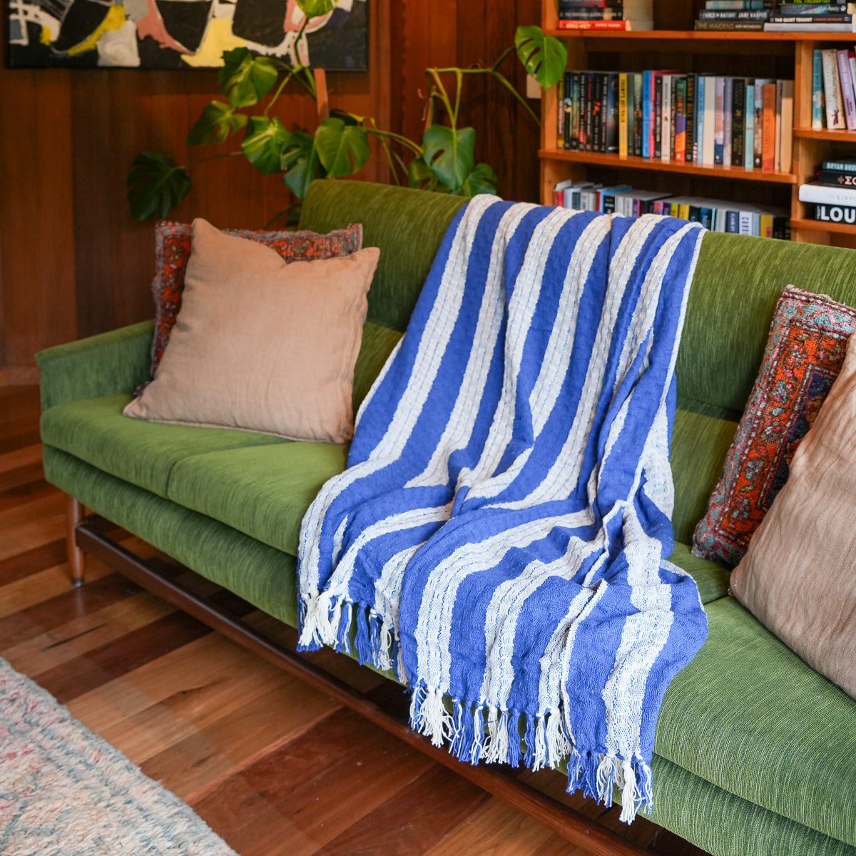 A blue and white striped woven throw blanket with fringe is draped over a green sofa in a cozy living room setting with wooden floors, bookshelves, and decorative pillows.