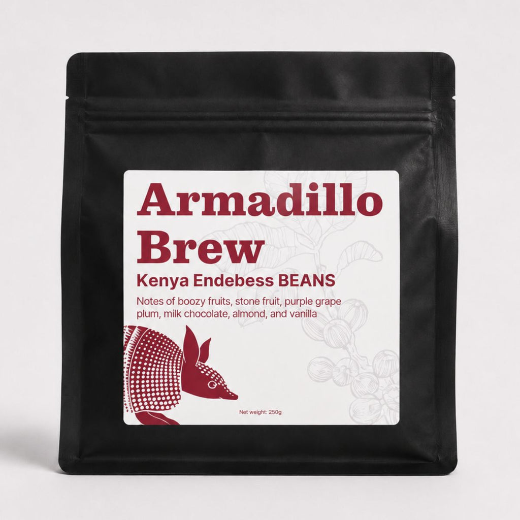 Coffee bean package with 'Armadillo Brew' branding on a white background