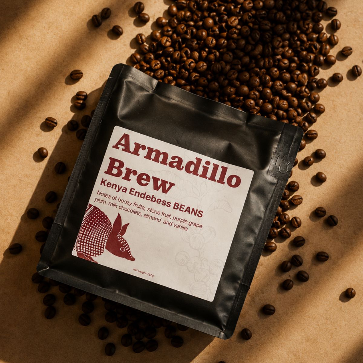 Armadillo Brew coffee package surrounded by coffee beans on a brown background