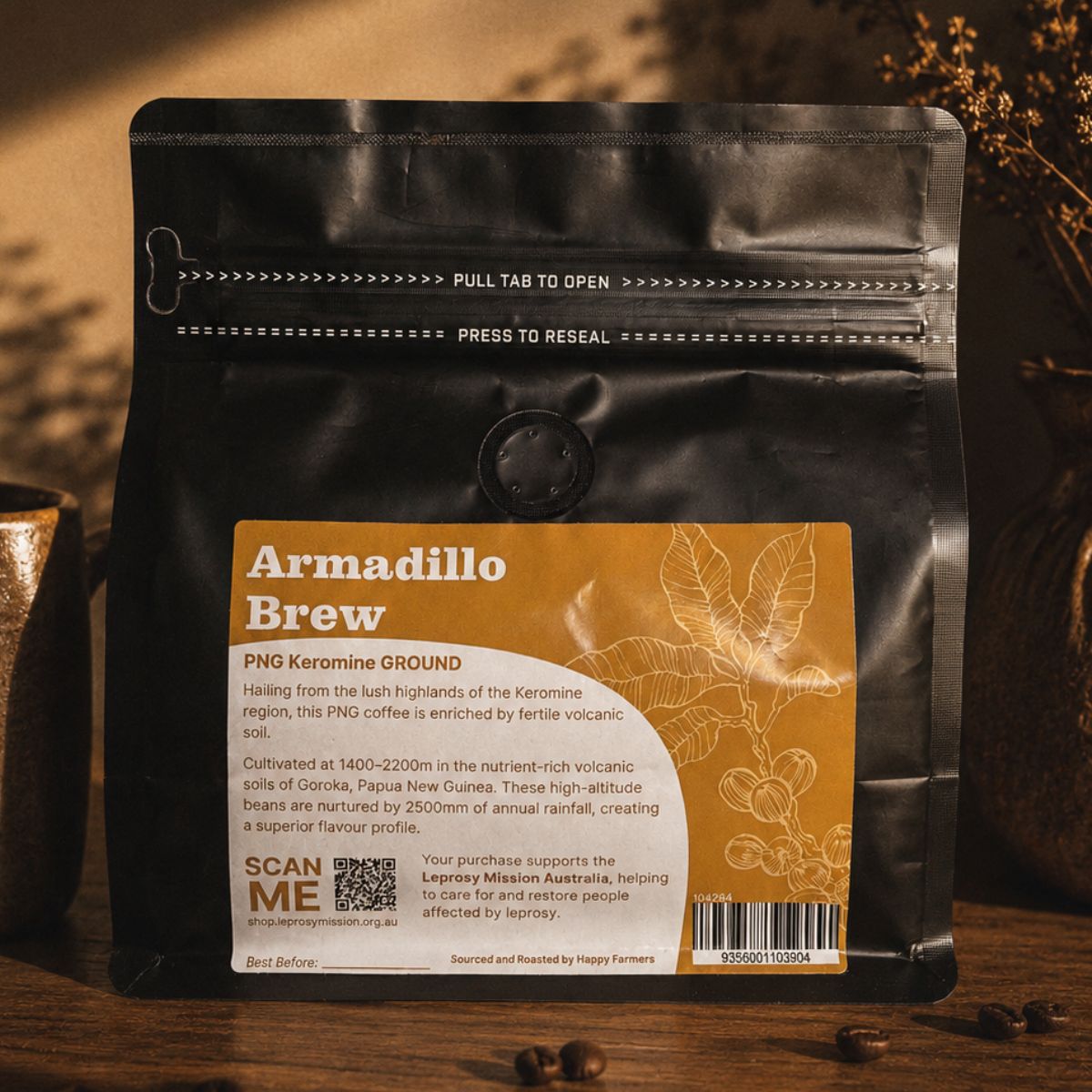 Coffee package with 'Ardillo Brew' label on a wooden surface