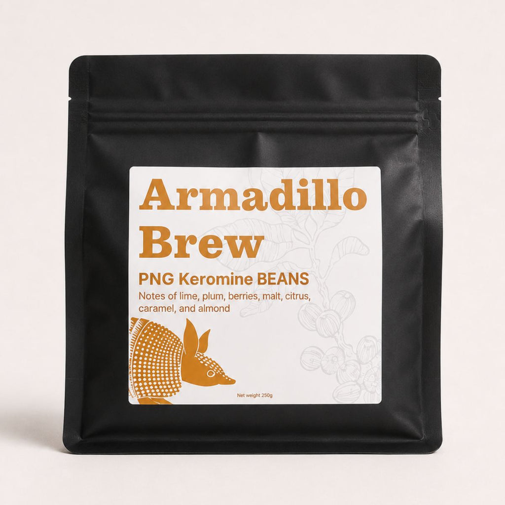 Black coffee packaging with 'Ardillo Brew' branding on a light beige background