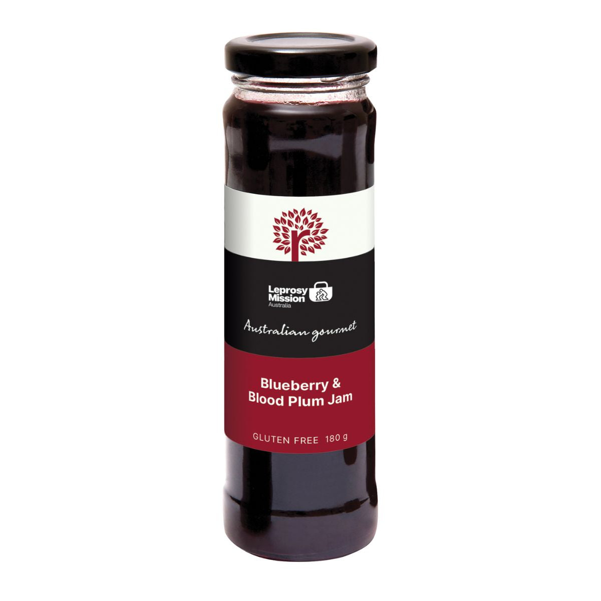 Jar of blueberry and blood plum jam with a visible brand label on a white background