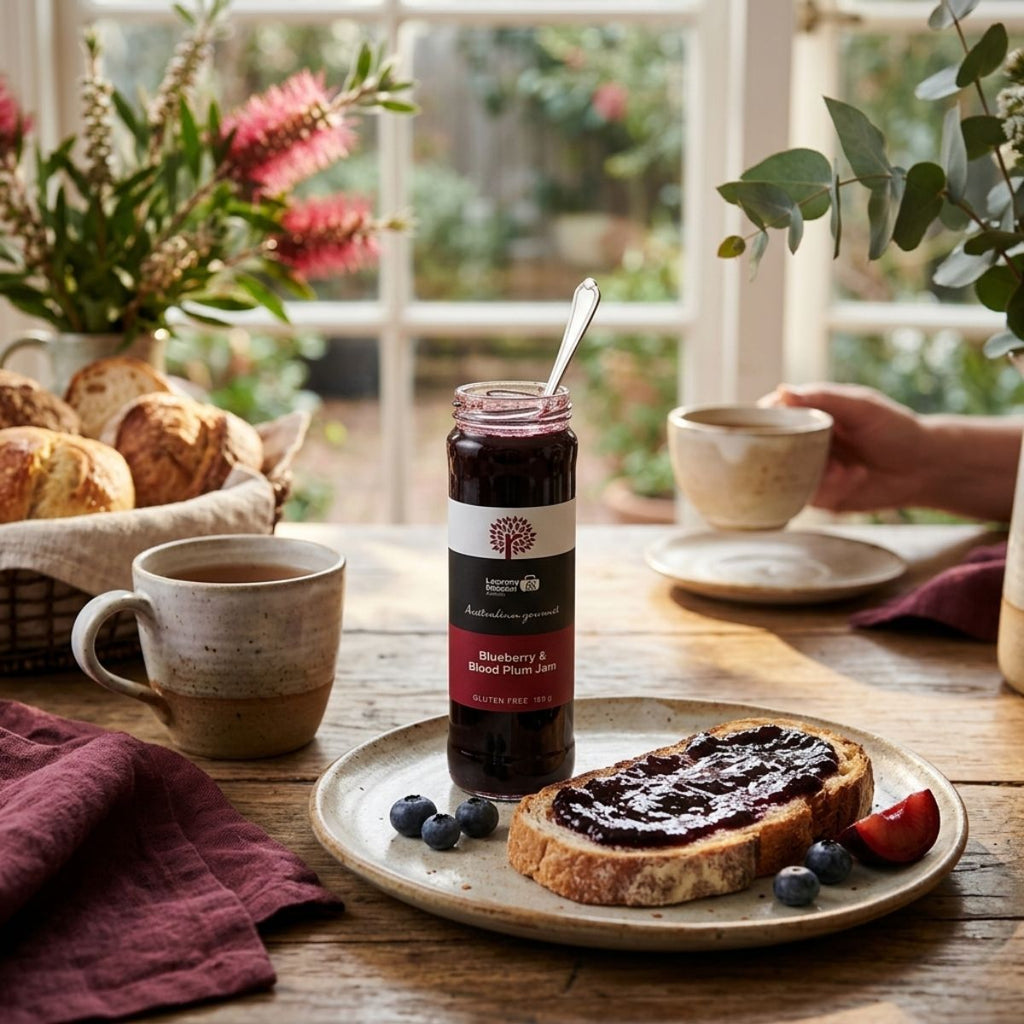 Jar of jam on a plate with toast and blueberries, surrounded by a breakfast setting with coffee and bread.