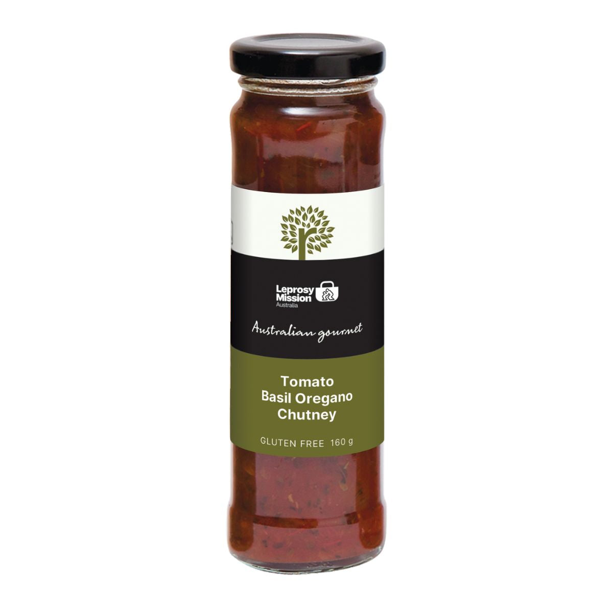 Jar of Tomato Basil Oregano Chutney with a label on a white background