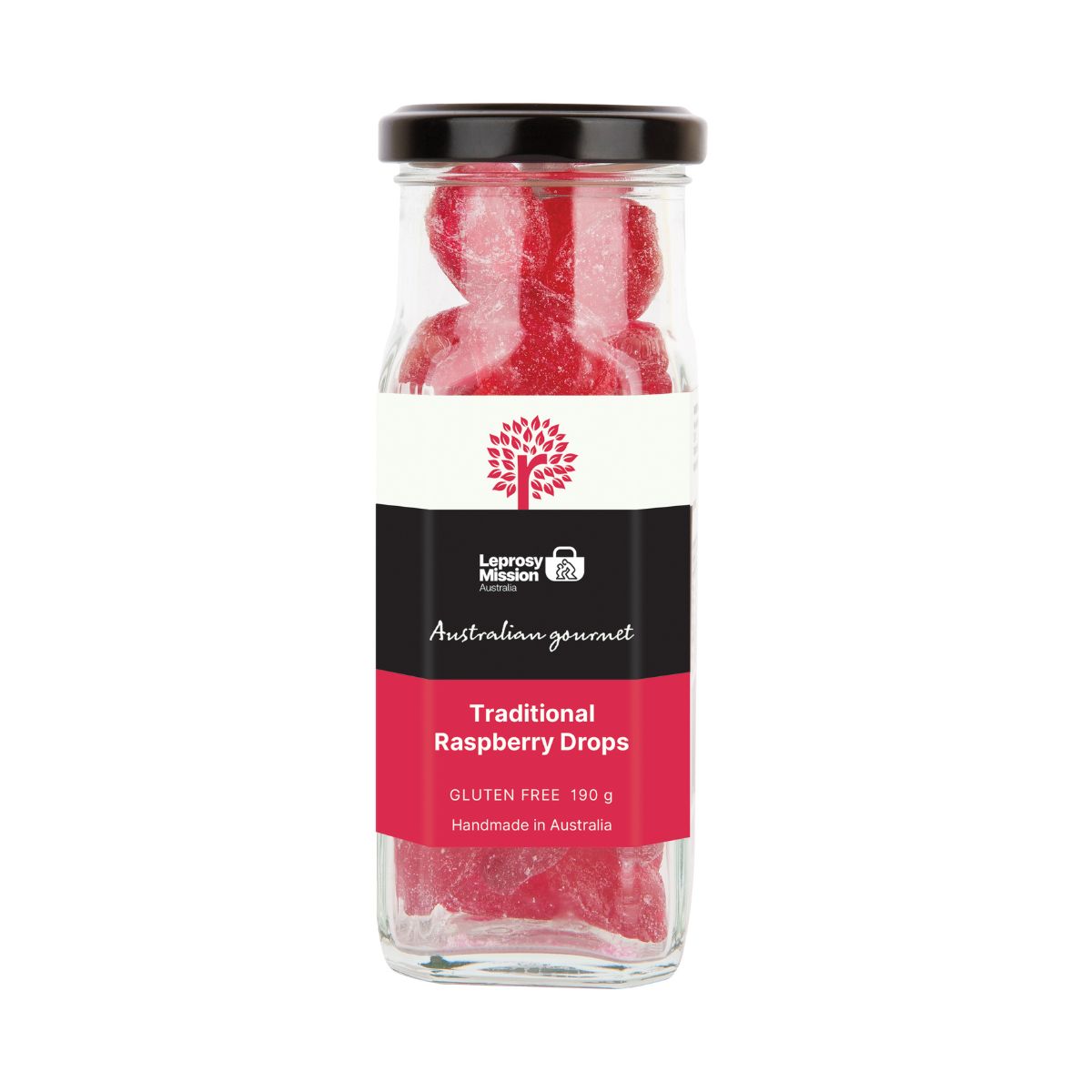 Jar of traditional raspberry drops with a visible brand label on a white background