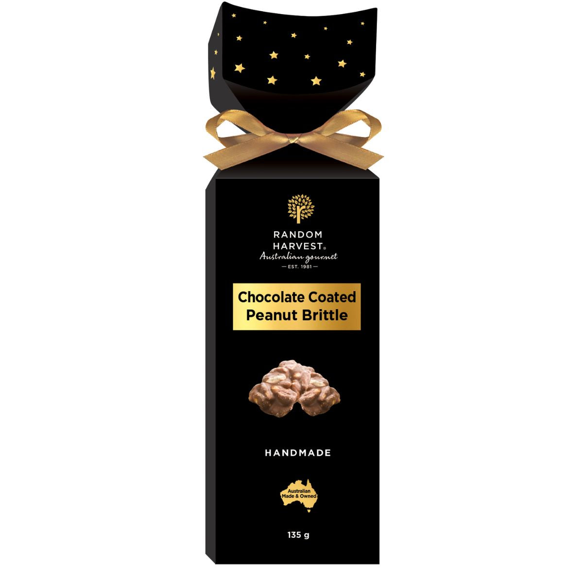 Black gift box with gold bow containing chocolate coated peanut brittle, brand 'Random Harvest' visible.