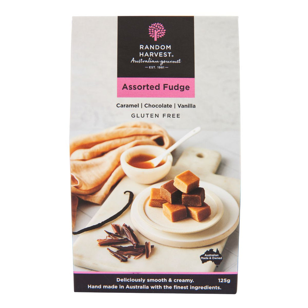 Box of Random Harvest Assorted Fudge with images of fudge and vanilla beans on a white background.