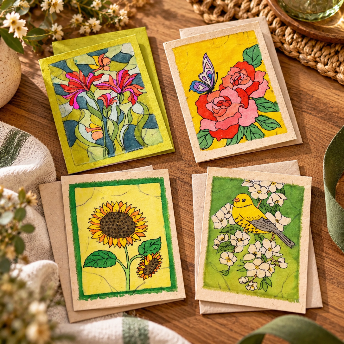 Four illustrated art cards with floral and nature designs are arranged on a wooden surface with fabric and dried flowers as styled props. The cards show colorful drawings including flowers, a butterfly, sunflowers, and a bird.