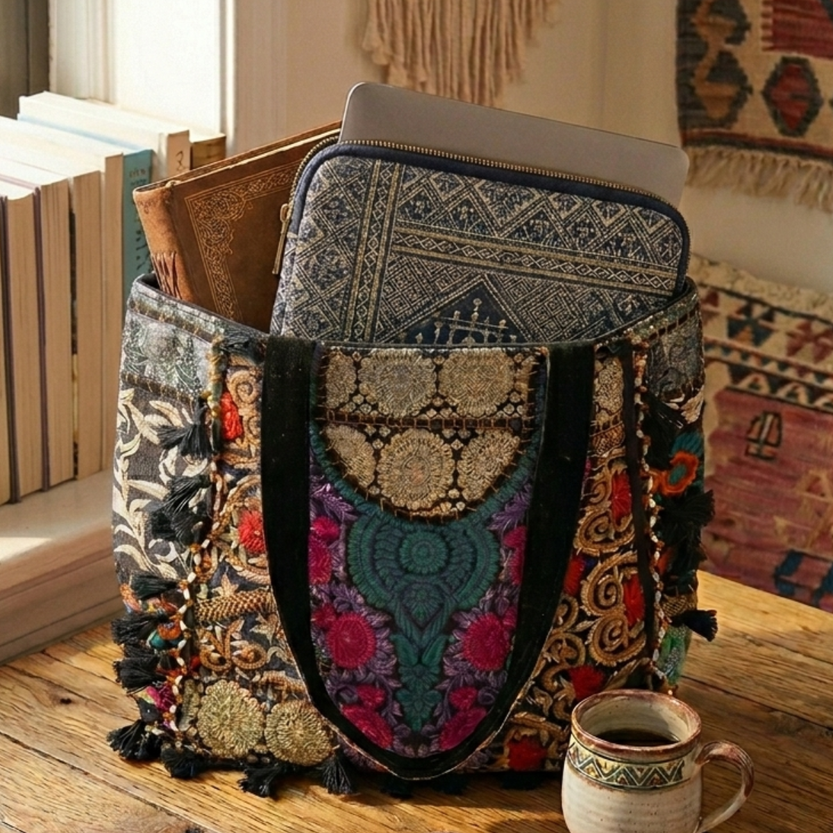 Decorative bag with intricate patterns on a wooden surface next to books and a mug.