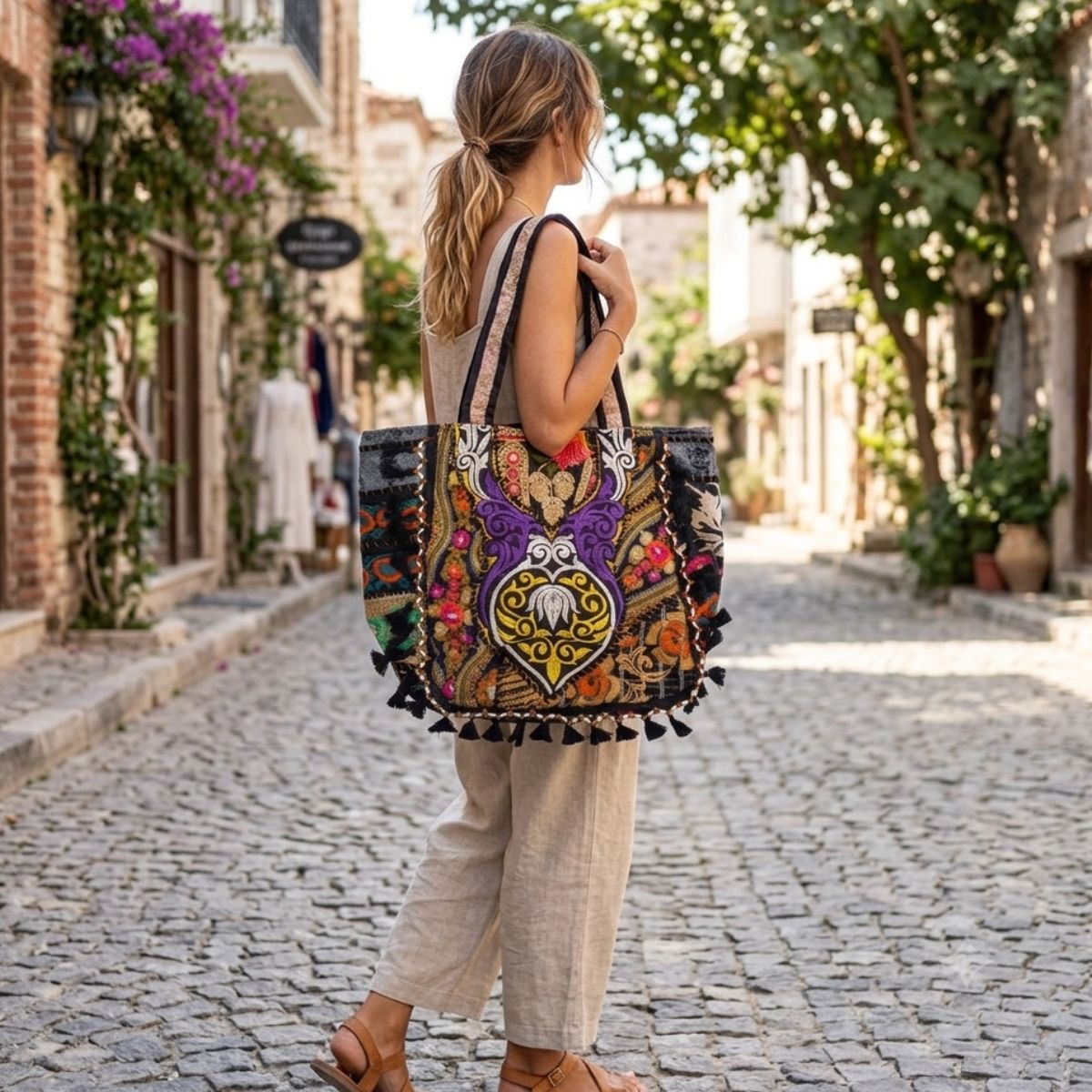 Woman walking down a cobblestone street holding a colorful patterned bag.