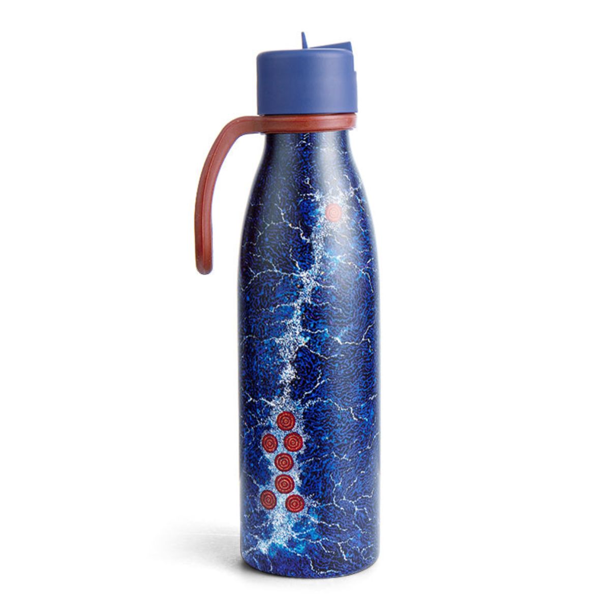 Blue marble-patterned water bottle with a brown handle on a white background