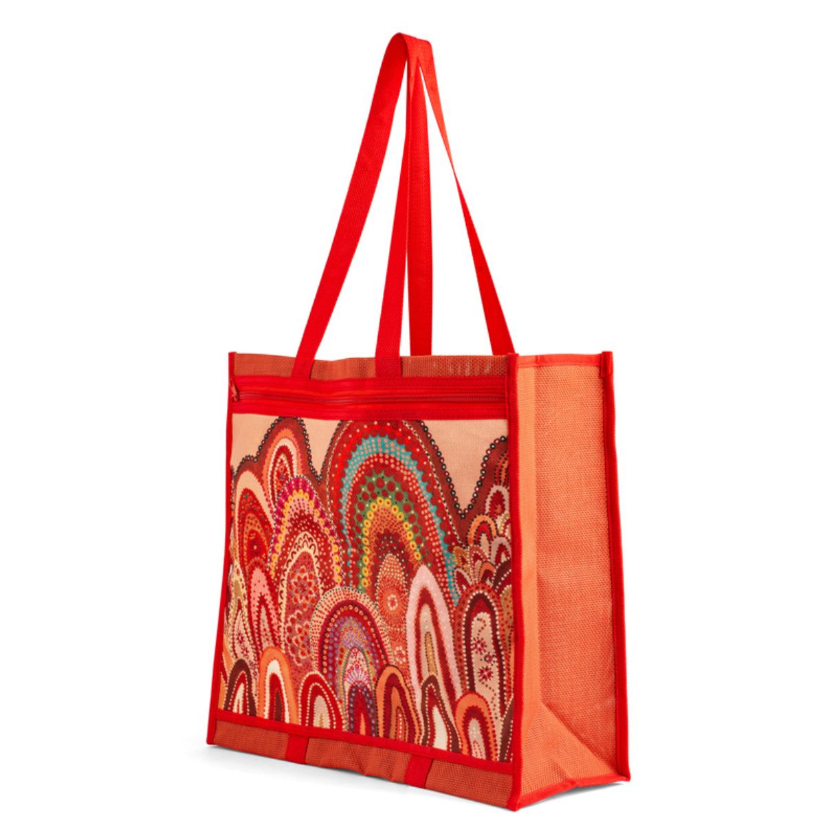 Red tote bag with a colorful pattern on a white background