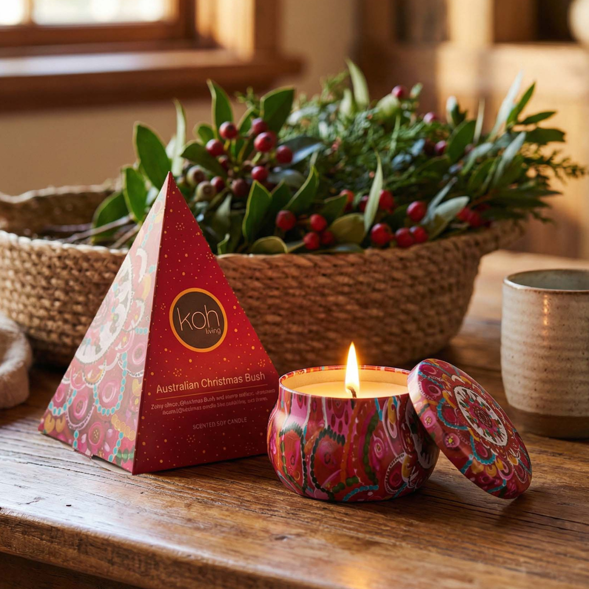 A lit candle in a colorful patterned tin sits on a wooden table beside its red pyramid-shaped box, with a woven basket of greenery in the background.