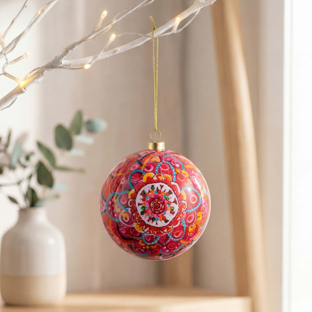 A round Christmas ornament with a vibrant, hand-painted mandala pattern in red, pink, orange, and blue, hanging from a gold string on a decorative branch with warm fairy lights in a softly lit room.