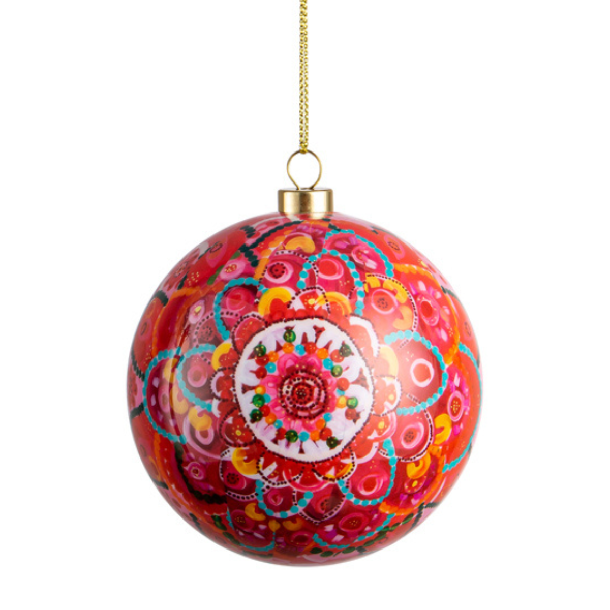 A spherical Christmas ornament with a vibrant red and pink mandala pattern, featuring a gold hanging cap and a gold string against a plain white background.