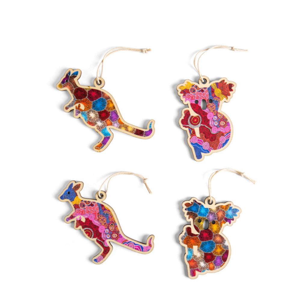Four colorful kangaroo-shaped ornaments with a mosaic pattern, each with a gold-toned hanging loop, arranged in a 2x2 grid on a white background.