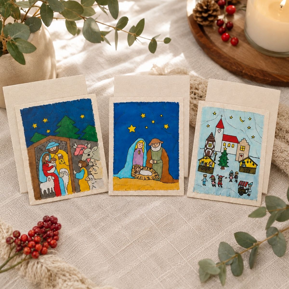 Christmas Festive Batik Cards Set of 3