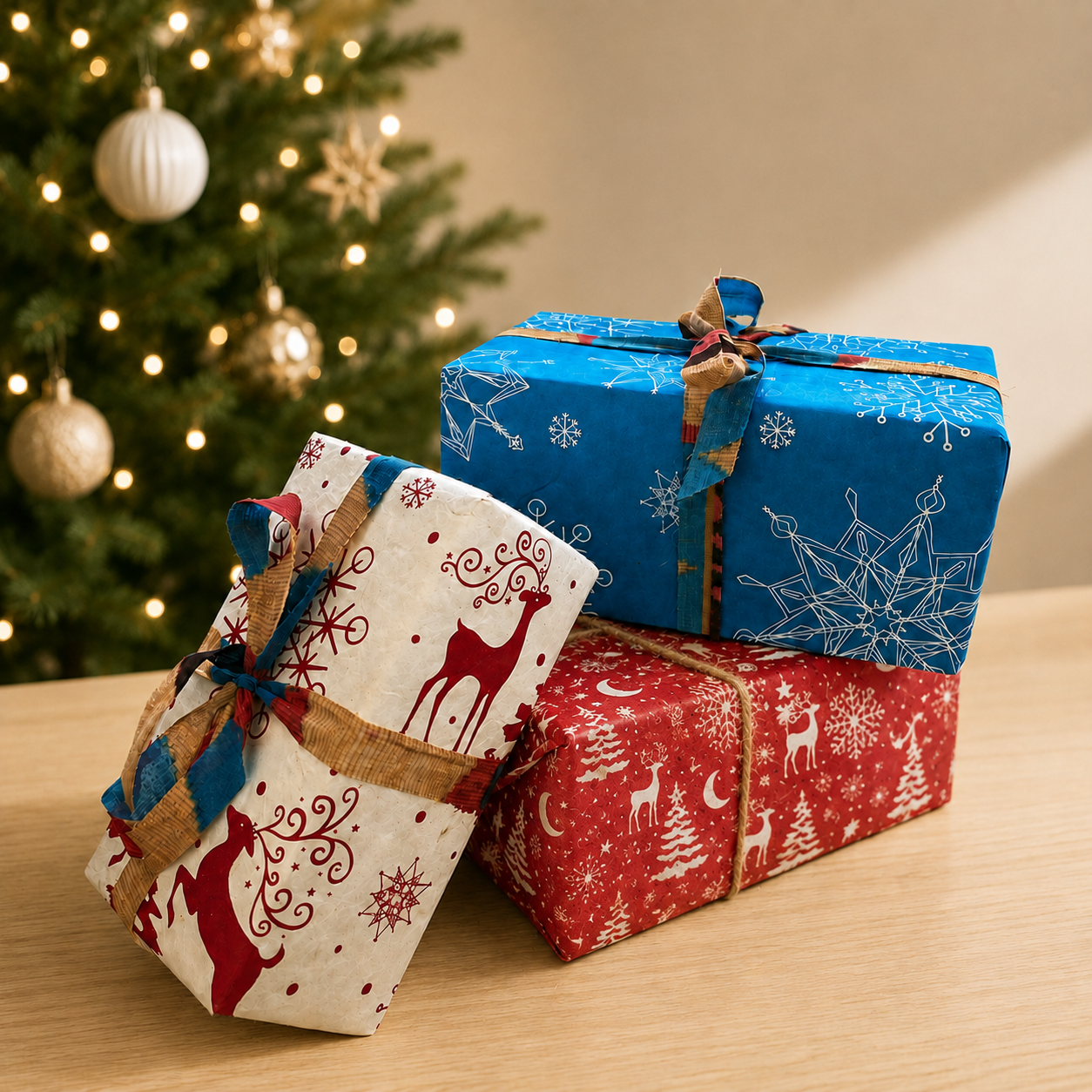 Three Christmas-themed wrapped gift boxes stacked on a wooden table with a blurred decorated Christmas tree in the background. The boxes are wrapped in festive paper: one cream with red deer and snowflakes, one bright blue with white snowflakes, and one red with white trees and deer.