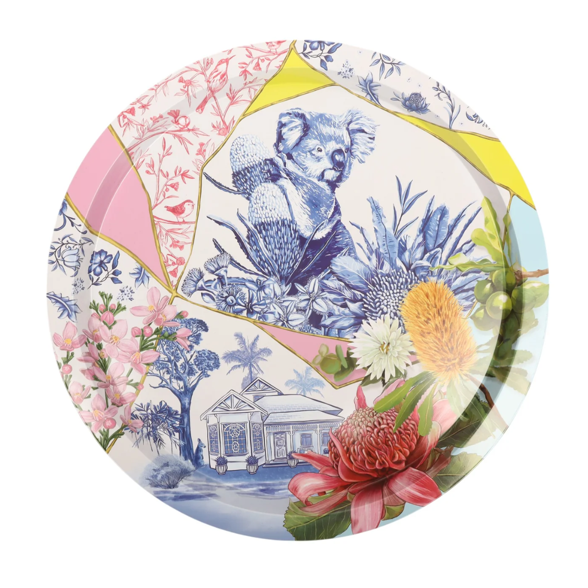 Decorative plate with a koala and floral design on a white background