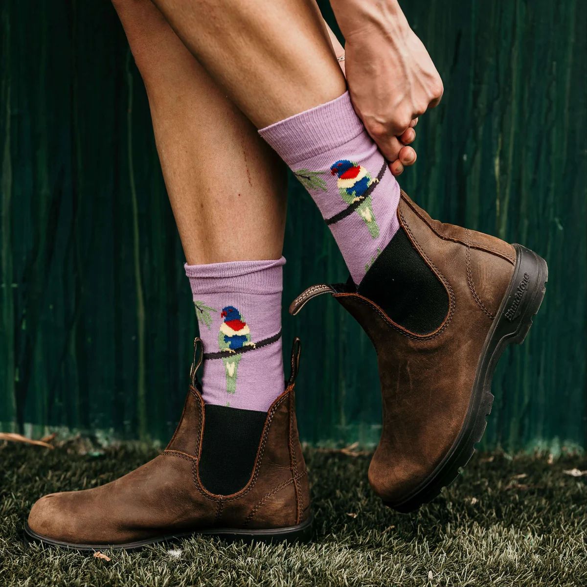Person wearing brown shoes and purple socks with bird design on grass