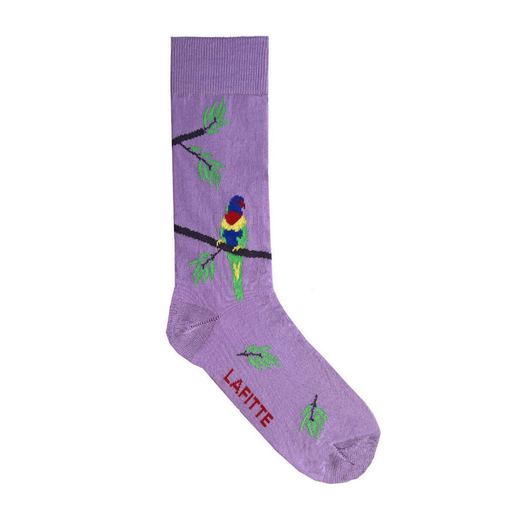 Purple sock with a colorful parrot design on a white background