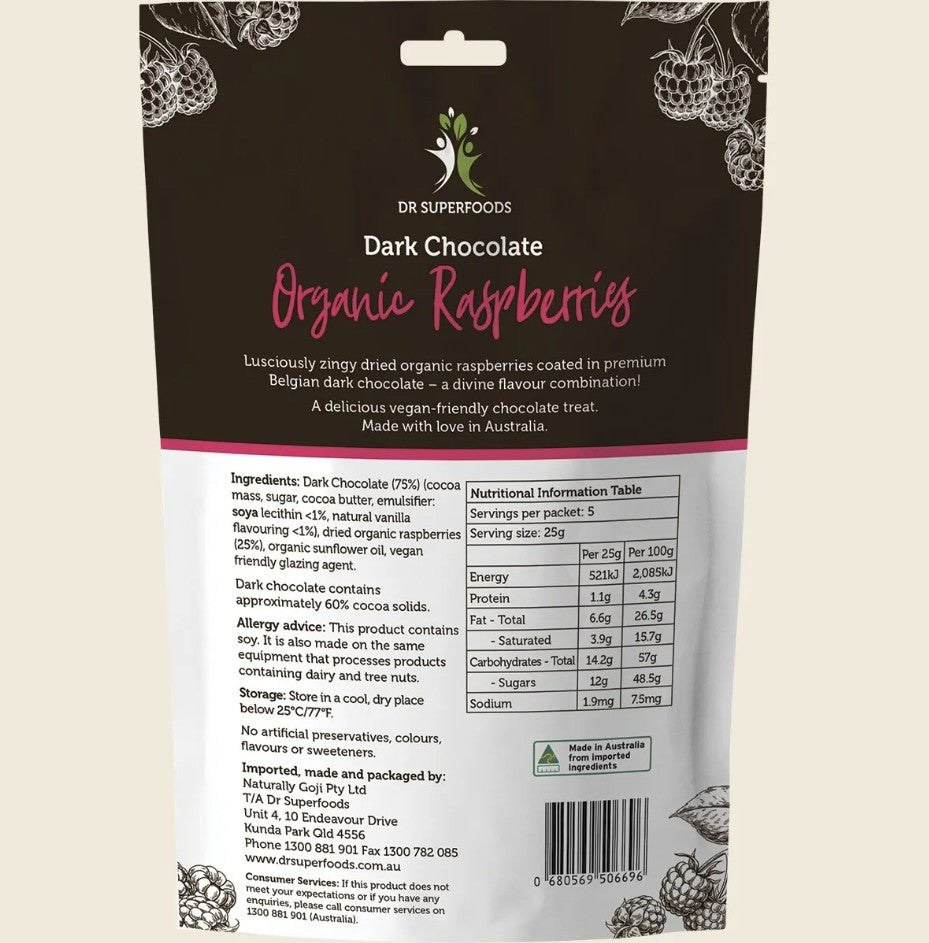 Dr Superfoods organic dark chocolate raspberries packaging with nutritional information.