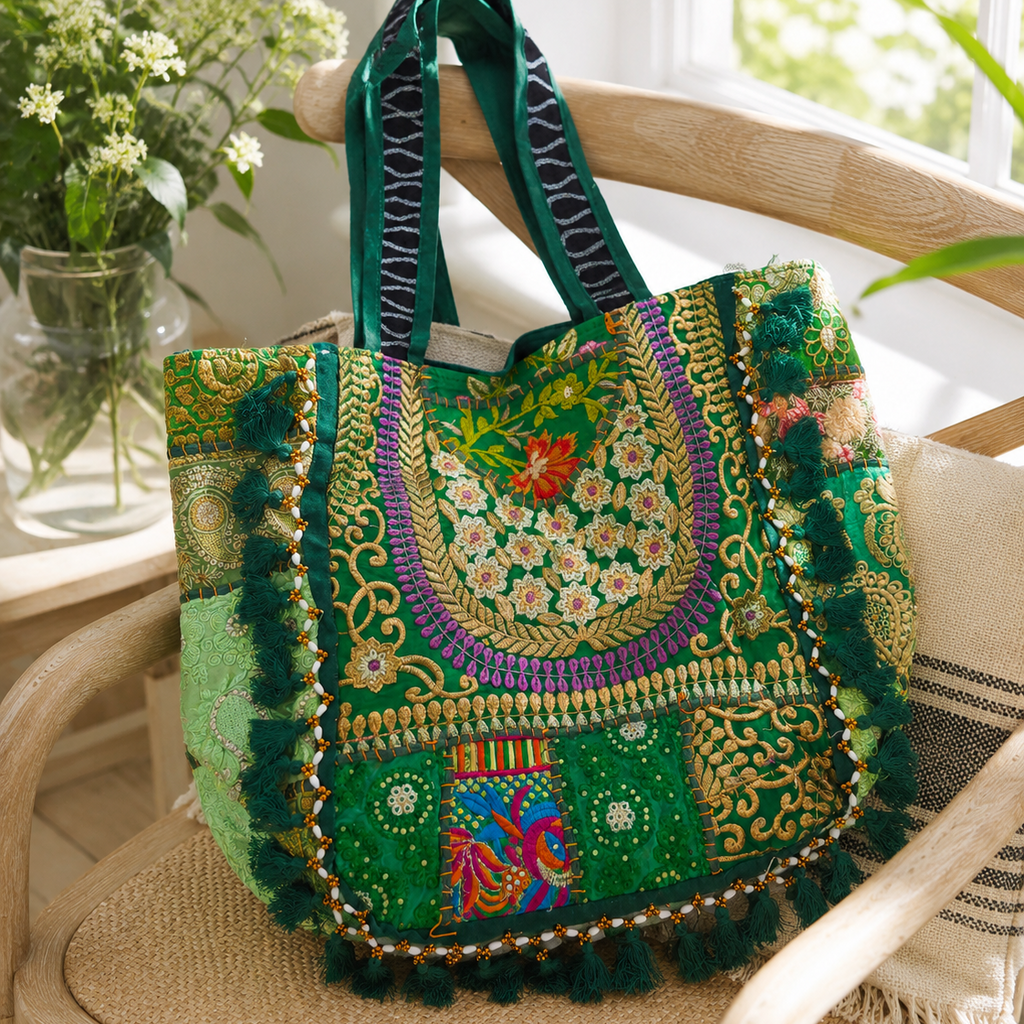Embroidered Tote Bag Green