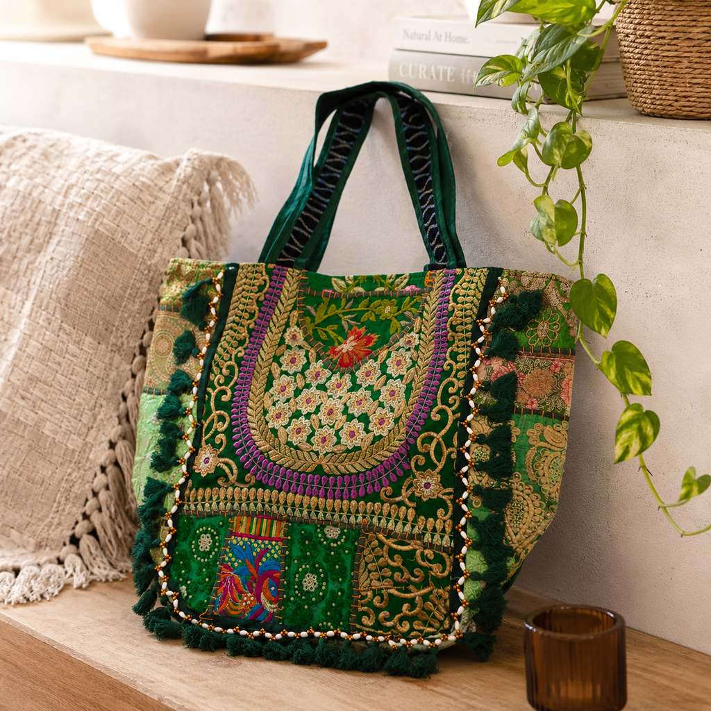 Embroidered Tote Bag Green