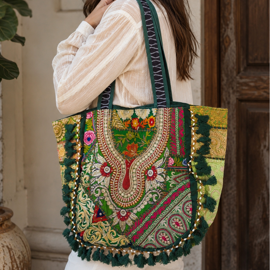 Embroidered Tote Bag Green