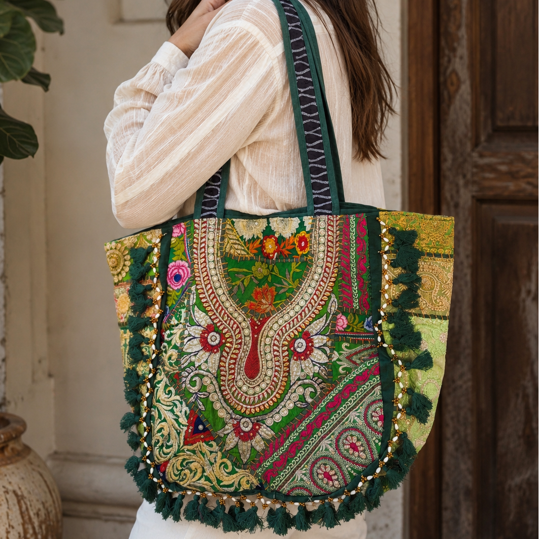 Embroidered Tote Bag Green