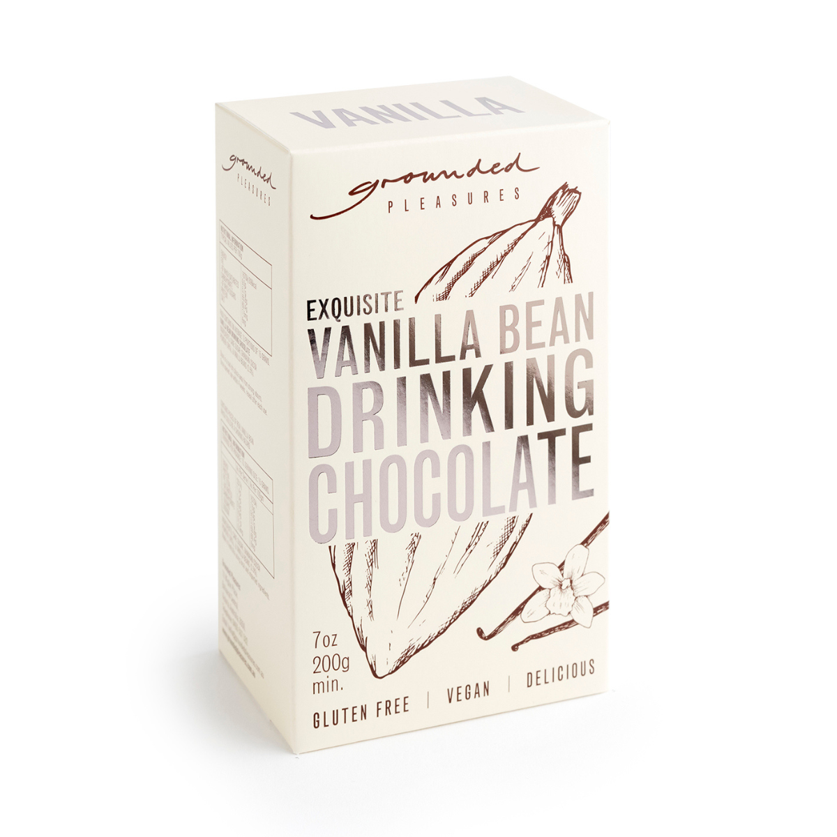 A box of Grounded Pleasures Vanilla Bean Drinking Chocolate on a clean white background. The packaging is cream-colored with brown text and vanilla bean illustrations.