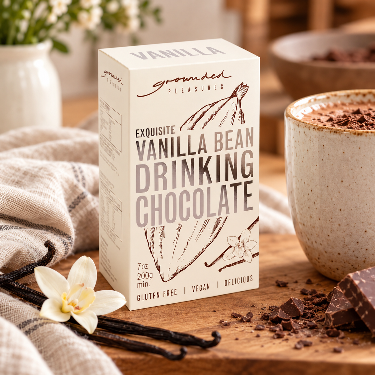 A box of Grounded Pleasures Vanilla Bean Drinking Chocolate stands on a wooden surface with chocolate pieces, a vanilla flower, vanilla beans, and a speckled mug nearby in a warm, styled setting.