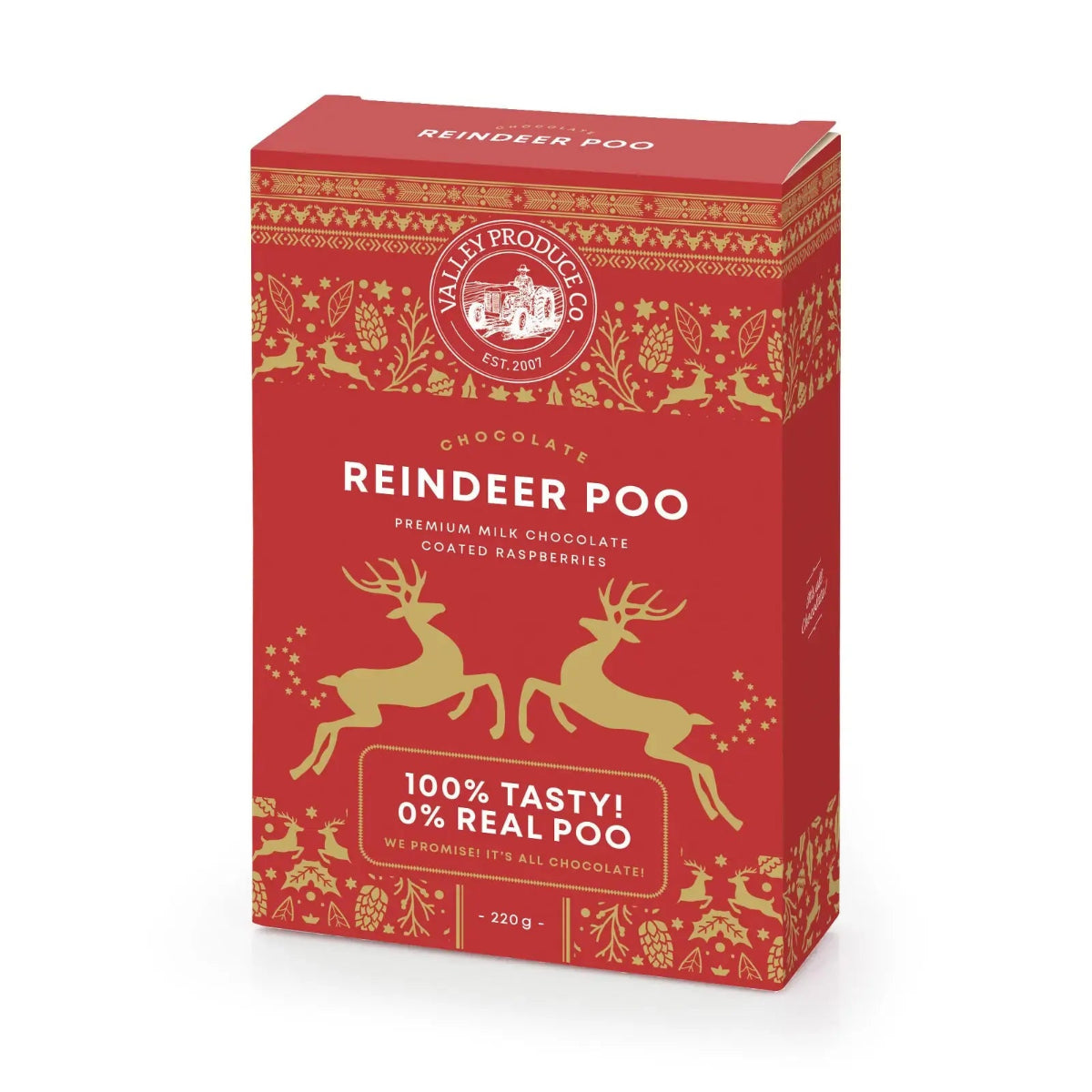 A red rectangular box of Walsey Produced 'Reindeer Poop' chocolate coated raspberries, featuring gold festive illustrations of reindeer and pinecones on a white background.
