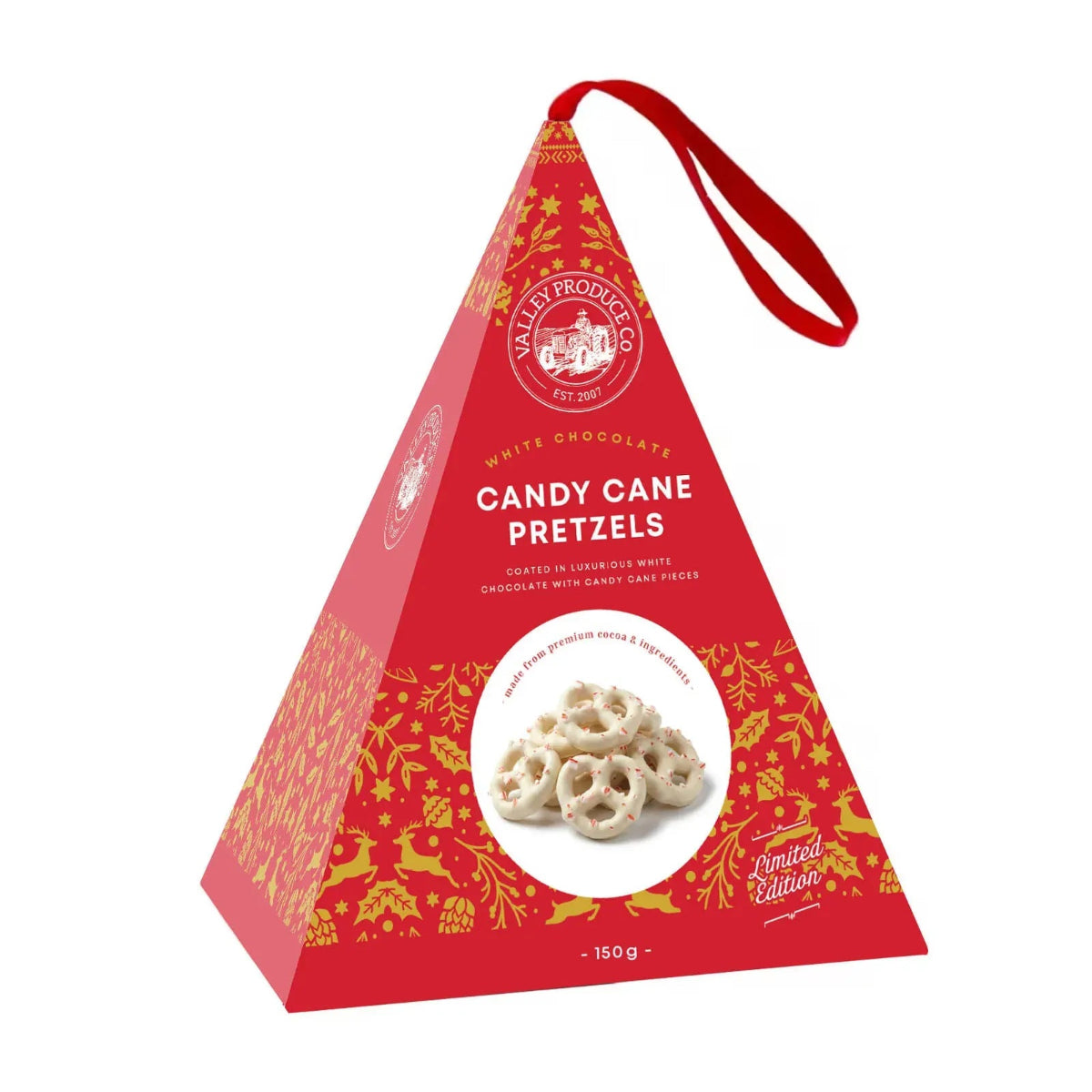 A red pyramid-shaped gift box of White Chocolate Candy Cane Pretzels with a red carrying handle, decorated with gold holiday patterns and featuring a photo of the pretzels on the front.