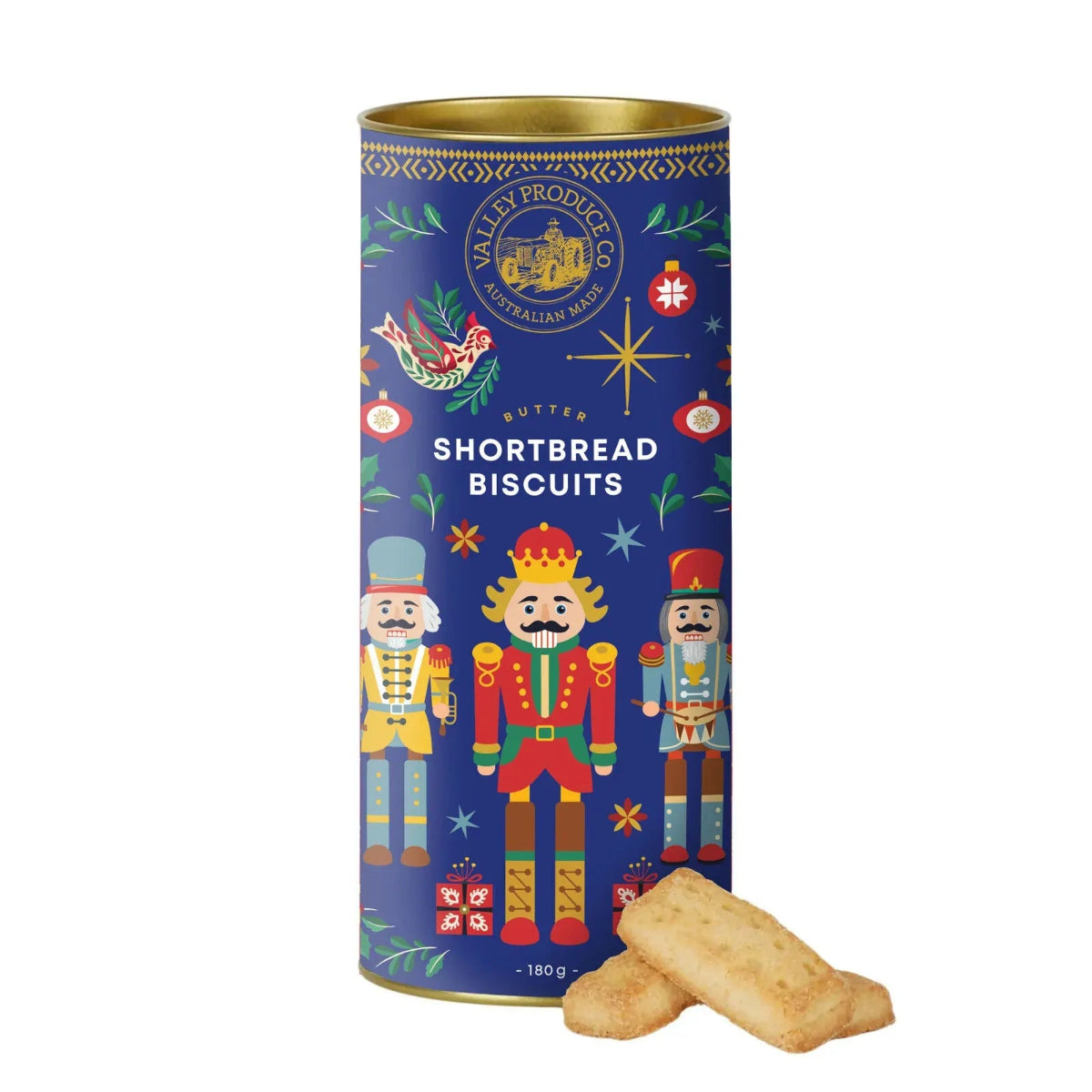 A tall blue tin of Walnuts Produce Co. Shortbread Biscuits with nutcracker illustrations and two biscuit bars placed in front, on a white background.