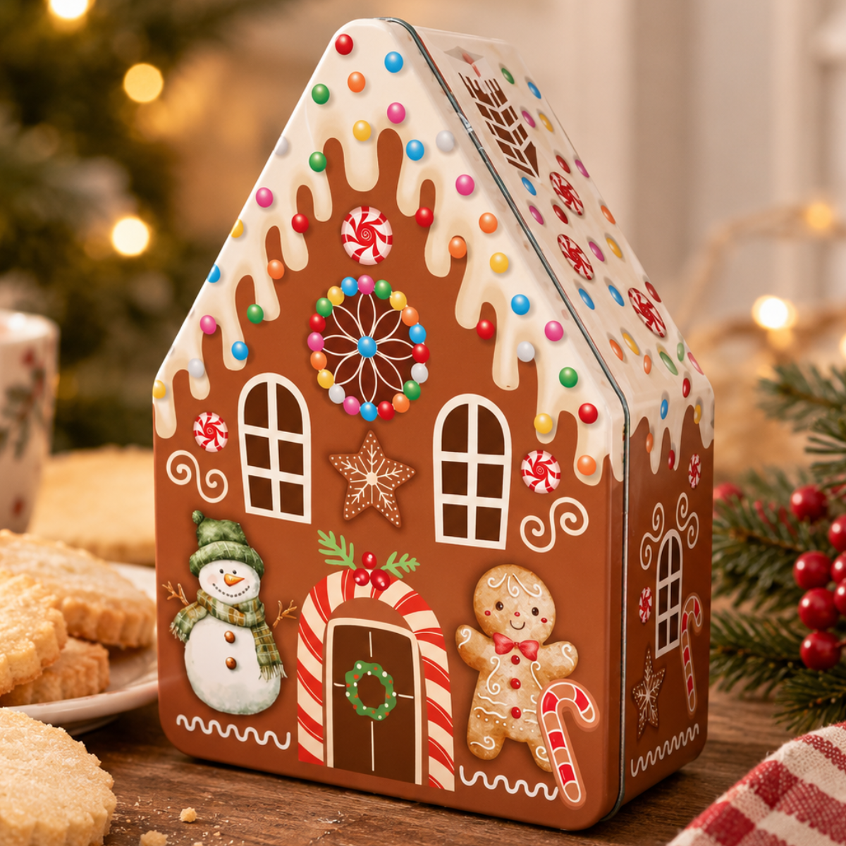 A gingerbread house shaped cookie tin decorated with colorful candy sprinkles, white icing drips, a snowman, a gingerbread person, a wreath, and candy cane details, set on a wooden table with cookies and holiday decorations in the background.