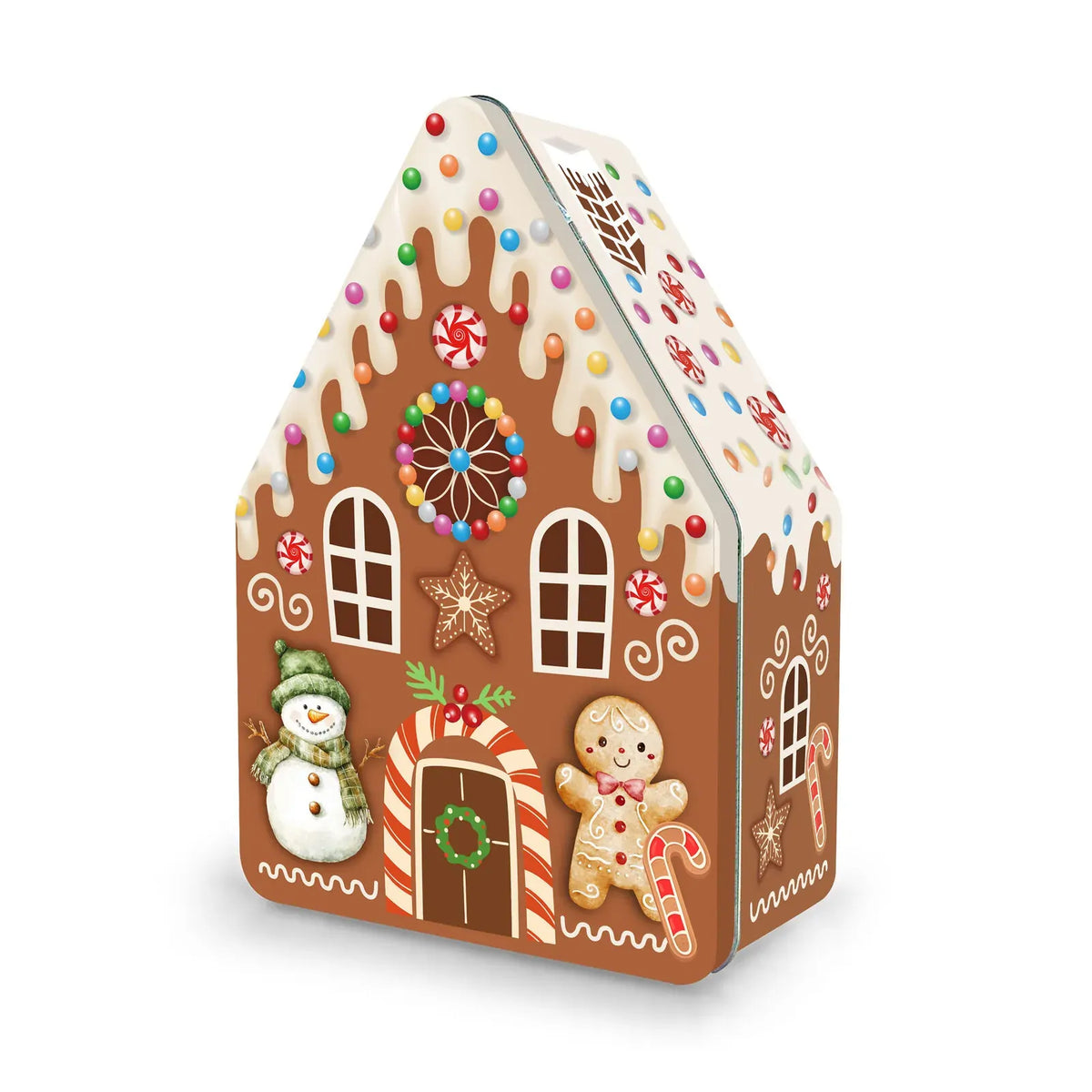 A gingerbread house shaped tin or box decorated with white icing-like drips, colorful candy sprinkles, a candy cane arch, a snowman, a gingerbread person, and holiday details, shown on a light gray background.