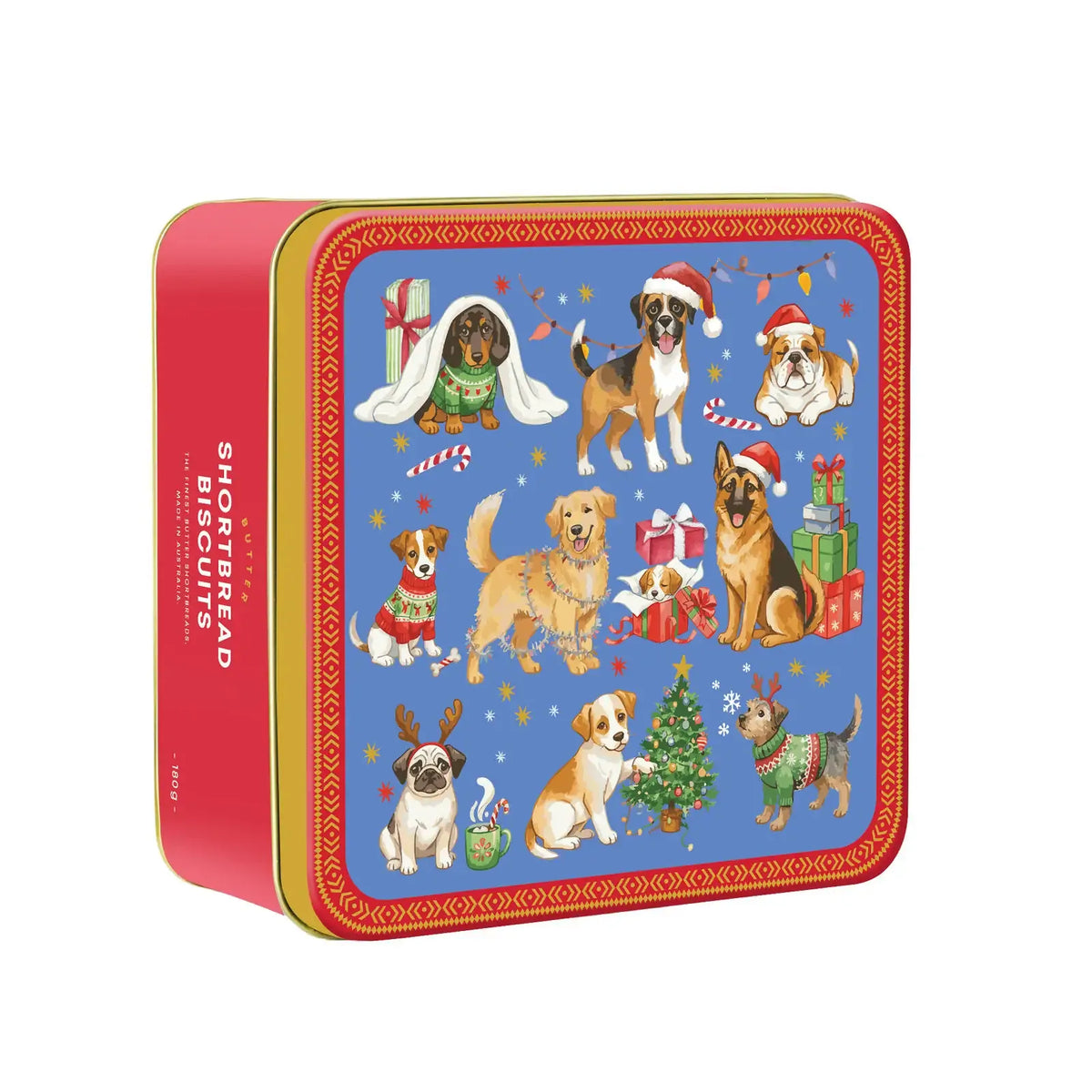 A square red and gold tin of Shortbread Biscuits featuring a festive blue front panel decorated with various dog illustrations wearing Santa hats and holiday sweaters.
